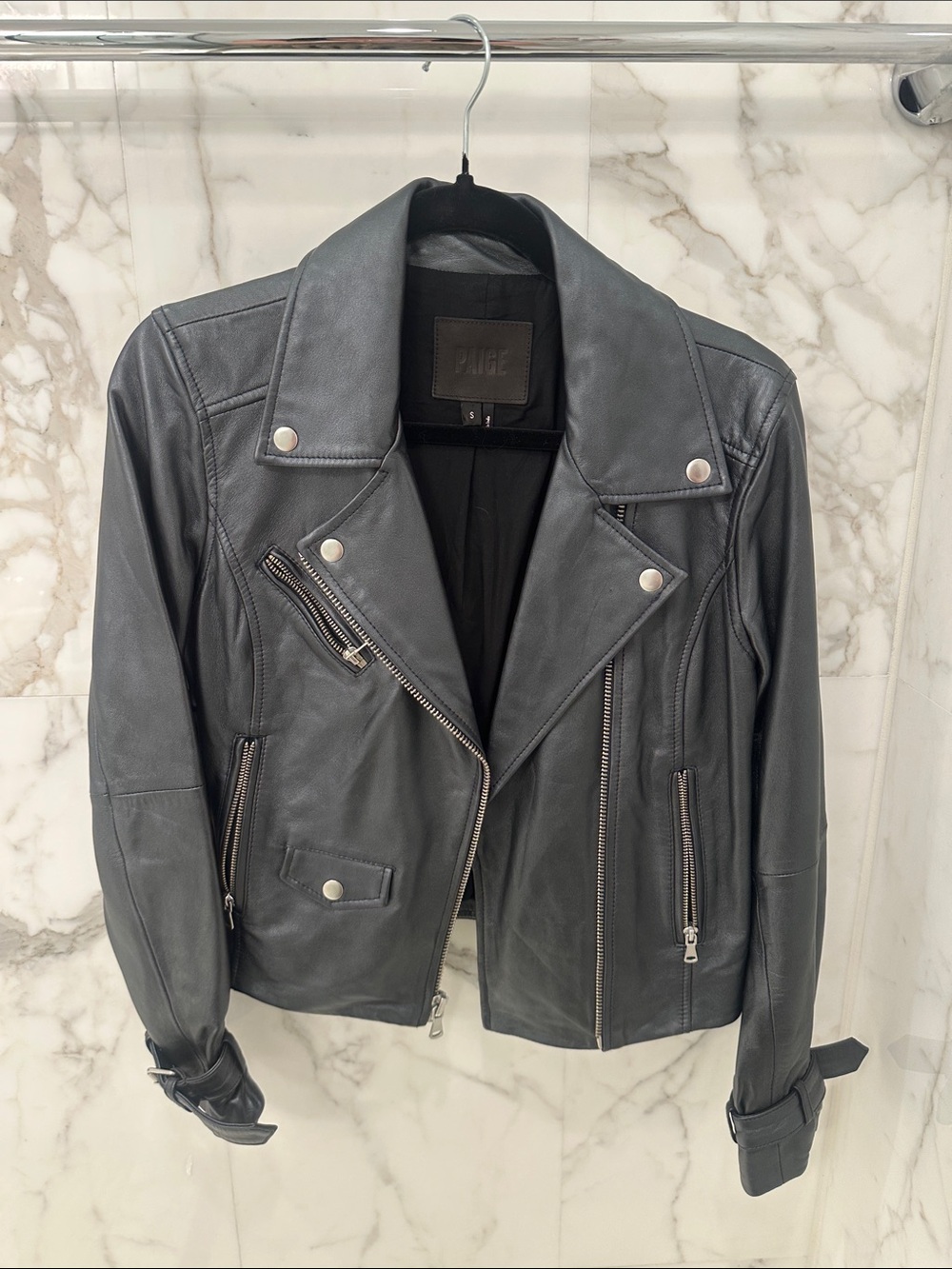 PAIGE Genuine Leather Metallic Black Moto Jacket with Silver Hardware